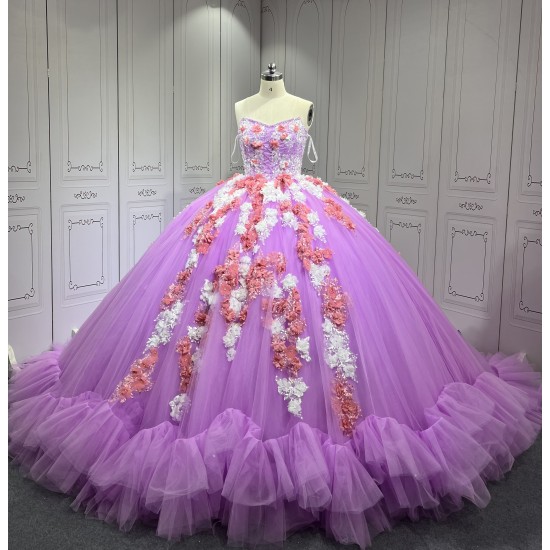 Sleeveless Lilac Quinceanera Dress Ruffled Vestidos De XV Anos 3D Flowers Sweet 15 Gowns With Cape