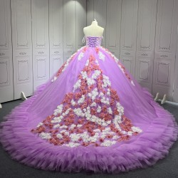 Sleeveless Lilac Quinceanera Dress Ruffled Vestidos De XV Anos 3D Flowers Sweet 15 Gowns With Cape