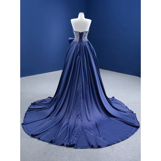 Sleeveless Navy Blue Evening Dresses 2024 Robe de Soiree Strapless Formal Prom Satin Party Gowns For Women