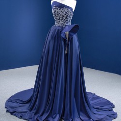 Sleeveless Navy Blue Evening Dresses 2024 Robe de Soiree Strapless Formal Prom Satin Party Gowns For Women