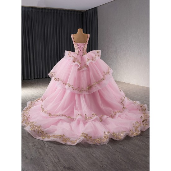 Sleeveless Pink Quinceanera Dress 2024 Sweep Train Tiered Vestidos De 15 Anos Party Dress Evening Dress