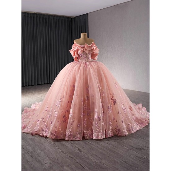 Sleeveless Pink Quinceanera Dresses Elegant 3D Flower Ball Gown Formal Customize Vestidos De 15 Anos