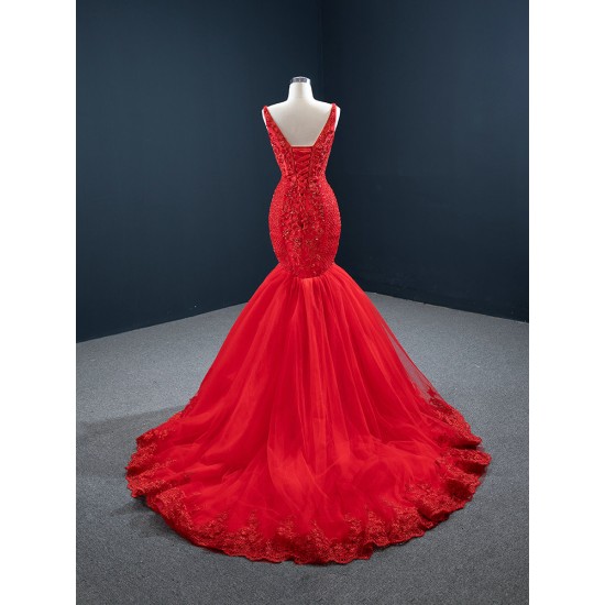 Sleeveless Red Mermaid Evening Dresses Spaghetti Strap Elegant Lace Appliques Formal Dubai Party Gowns Long Vestido De Gala