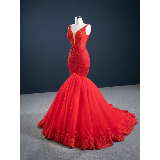 Sleeveless Red Mermaid Evening Dresses Spaghetti Strap Elegant Lace Appliques Formal Dubai Party Gowns Long Vestido De Gala