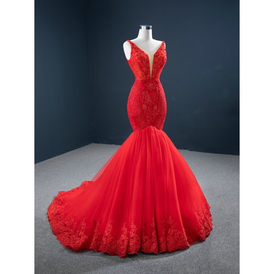 Sleeveless Red Mermaid Evening Dresses Spaghetti Strap Elegant Lace Appliques Formal Dubai Party Gowns Long Vestido De Gala