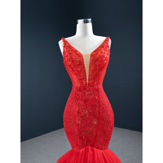 Sleeveless Red Mermaid Evening Dresses Spaghetti Strap Elegant Lace Appliques Formal Dubai Party Gowns Long Vestido De Gala