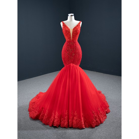 Sleeveless Red Mermaid Evening Dresses Spaghetti Strap Elegant Lace Appliques Formal Dubai Party Gowns Long Vestido De Gala