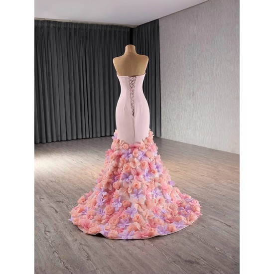 Sleeveless Satin Pink Prom Evening Dresses 3D Flowers Party Dress Floor Length Mermaid Cocktail Gowns Custom Size