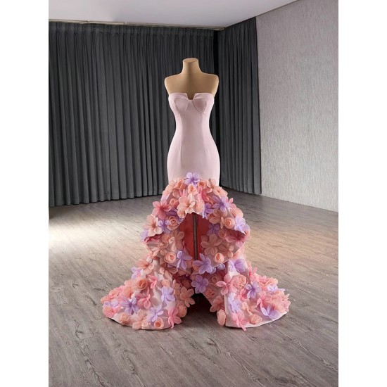 Sleeveless Satin Pink Prom Evening Dresses 3D Flowers Party Dress Floor Length Mermaid Cocktail Gowns Custom Size