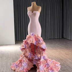 Sleeveless Satin Pink Prom Evening Dresses 3D Flowers Party Dress Floor Length Mermaid Cocktail Gowns Custom Size