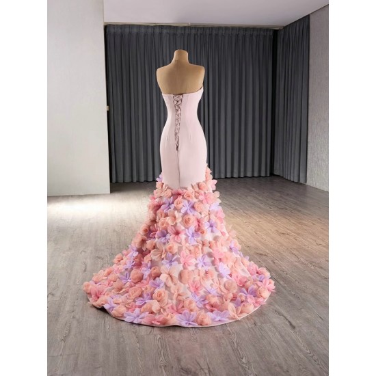 Sleeveless Satin Pink Prom Evening Dresses 3D Flowers Party Dress Floor Length Mermaid Cocktail Gowns Custom Size