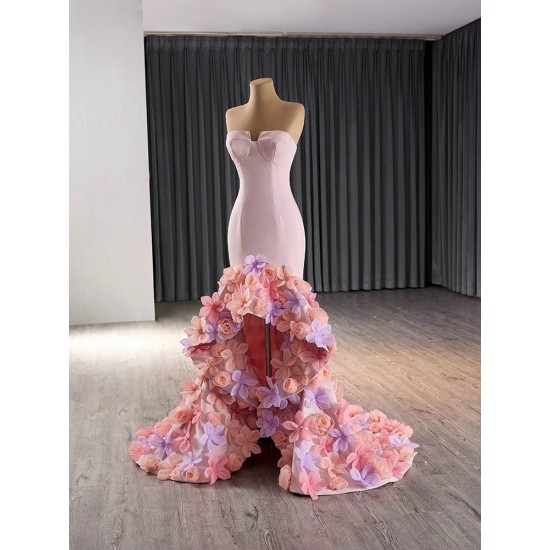 Sleeveless Satin Pink Prom Evening Dresses 3D Flowers Party Dress Floor Length Mermaid Cocktail Gowns Custom Size