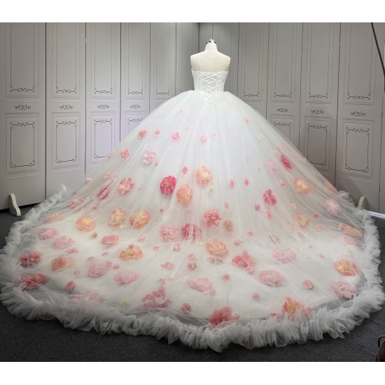 Sleeveless White Quinceanera Dresses for 3D Flowers Appliques Ball Gown Sweet 15 Prom Party Dresses