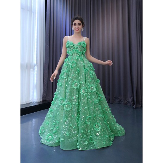 Spaghetti Strap A Line Prom Dresses Green Evening Gowns Lace Appliques Costume Parties Dress