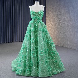 Spaghetti Strap A Line Prom Dresses Green Evening Gowns Lace Appliques Costume Parties Dress