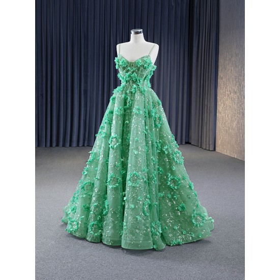 Spaghetti Strap A Line Prom Dresses Green Evening Gowns Lace Appliques Costume Parties Dress