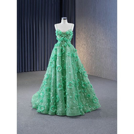 Spaghetti Strap A Line Prom Dresses Green Evening Gowns Lace Appliques Costume Parties Dress