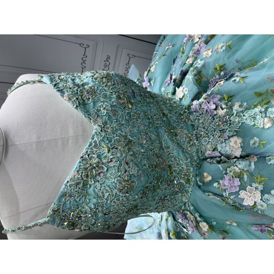 Spaghetti Strap Aqua Blue Quinceanera Dresses Flowers Appliques Sweetheart Ball Gowns Princess Vestidos De 15 Anos