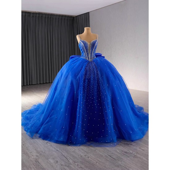 Spaghetti Strap Blue Quinceanera Dresses Sweet Ball Gown Evening Dress Beaded Sleeveless Quinceanera Gown