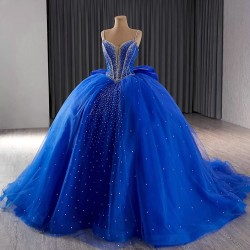 Spaghetti Strap Blue Quinceanera Dresses Sweet Ball Gown Evening Dress Beaded Sleeveless Quinceanera Gown