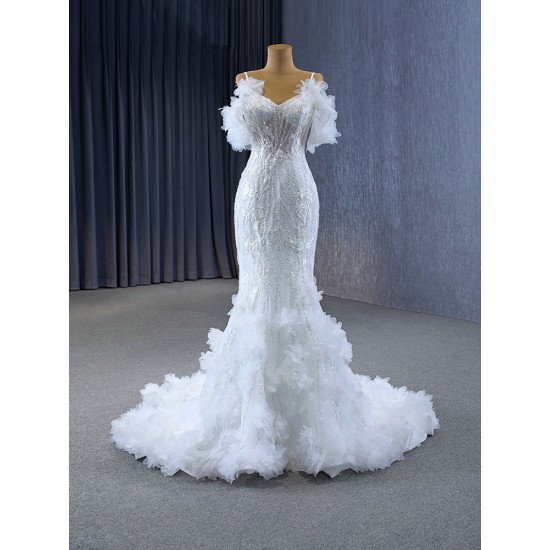 Spaghetti Strap Wedding Dresses Puff Sleeve Ruffled Bridal Gowns Beading Vestido de Novia 2024