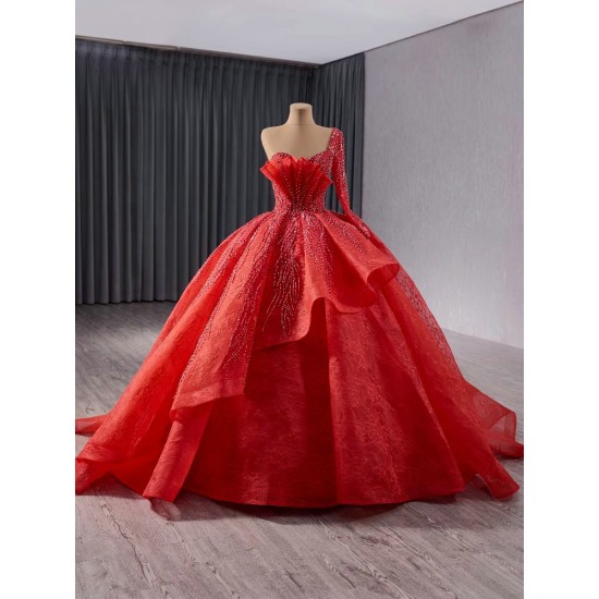 Sparkly Beading Red Quincenara Dresses 2024 Luxury Ball Gown Sweet 16 Gown One Shoulder Vestidos De XV 15 Anos