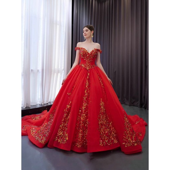 Sparkly Long Red Ball Gown Sequins Prom Dresses Black Girl Formal Off Shoulder Evening Dresses