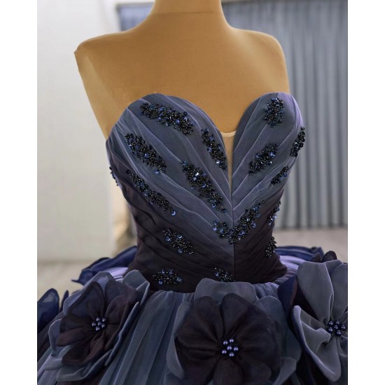 Strapless Navy Blue Quinceanera Dress 3D Flowers Vestidos De 15 Anos 2025 Ball Gown Evening Party Dress