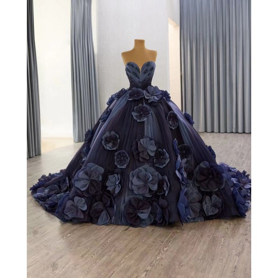 Strapless Navy Blue Quinceanera Dress 3D Flowers Vestidos De 15 Anos 2025 Ball Gown Evening Party Dress