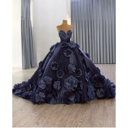 Strapless Navy Blue Quinceanera Dress 3D Flowers Vestidos De 15 Anos 2025 Ball Gown Evening Party Dress