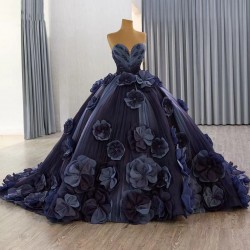 Strapless Navy Blue Quinceanera Dress 3D Flowers Vestidos De 15 Anos 2025 Ball Gown Evening Party Dress