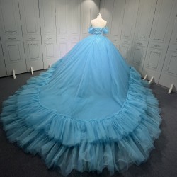 Strapless Sky Blue Vestidos De 15 Anos Crystal Tiered Quinceanera Dress Sweetheart Neck Birthday Party Gowns