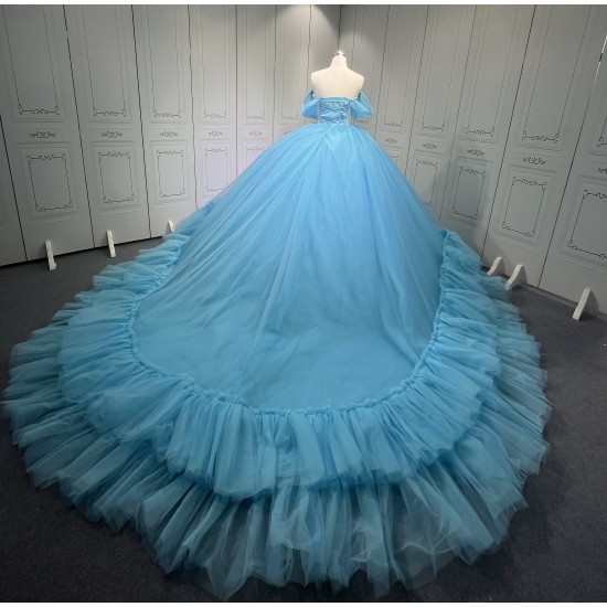 Strapless Sky Blue Vestidos De 15 Anos Crystal Tiered Quinceanera Dress Sweetheart Neck Birthday Party Gowns