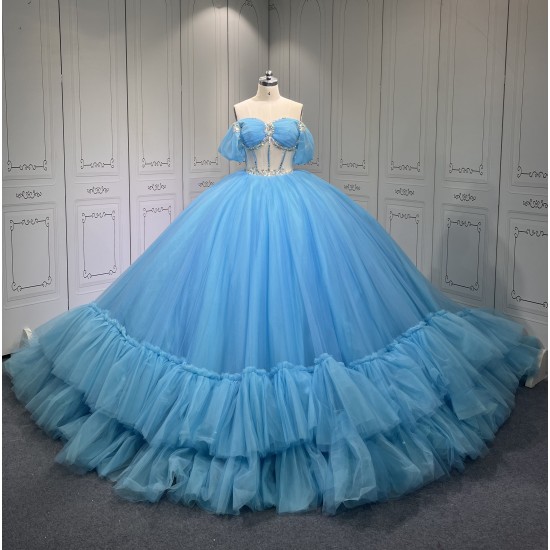 Strapless Sky Blue Vestidos De 15 Anos Crystal Tiered Quinceanera Dress Sweetheart Neck Birthday Party Gowns