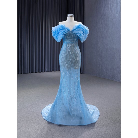 Strapless Blue Evening Dresses For Women 2024 Mermaid Floor Length Prom Party Gowns Crystal Robes De Soiree