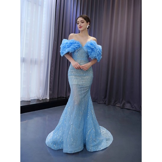 Strapless Blue Evening Dresses For Women 2024 Mermaid Floor Length Prom Party Gowns Crystal Robes De Soiree