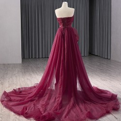 Strapless Burgundy A Line Tulle Long Prom Dresses Lady Evening Dress Formal Party Women Gowns 2024