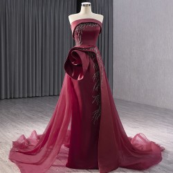 Strapless Burgundy A Line Tulle Long Prom Dresses Lady Evening Dress Formal Party Women Gowns 2024