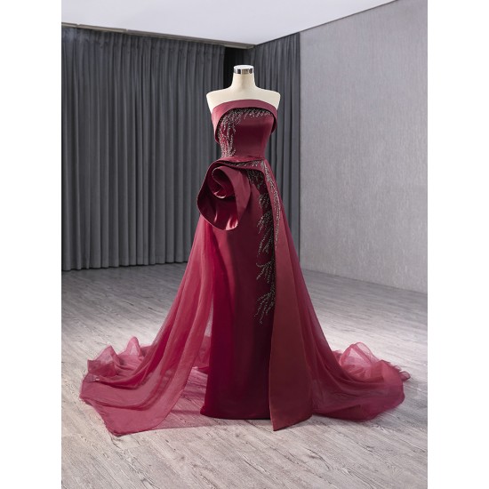 Strapless Burgundy A Line Tulle Long Prom Dresses Lady Evening Dress Formal Party Women Gowns 2024