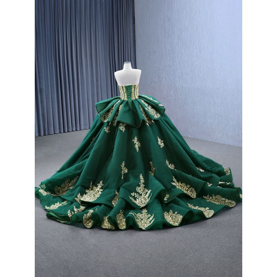 Strapless Emerald Green Vestidos De XV Anos Tiered Quinceanera Dress Gold Lace Appliques Sweet 15 Gowns