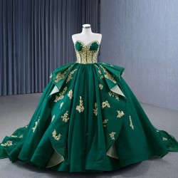 Strapless Emerald Green Vestidos De XV Anos Tiered Quinceanera Dress Gold Lace Appliques Sweet 15 Gowns