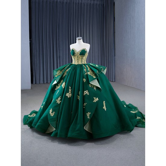 Strapless Emerald Green Vestidos De XV Anos Tiered Quinceanera Dress Gold Lace Appliques Sweet 15 Gowns