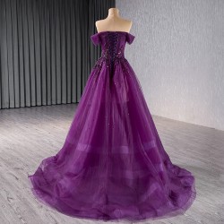 Strapless Purple Evening Dresses A Line Tulle Bride Wedding Photos Off Shoulder Women Prom Party Dress