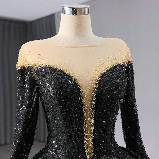 Stylish Black Prom Evening Dresses Long Sleeve Party Prom Dress Sequines Floor Length Prom Gowns Custom Size