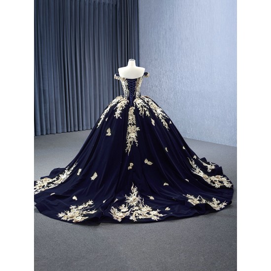 Sweet Princess Gold Lace Appliques Ballgown Navy Blue Quinceanera Dress Sweetheart Prom Dress Formal Gown