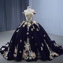 Sweet Princess Gold Lace Appliques Ballgown Navy Blue Quinceanera Dress Sweetheart Prom Dress Formal Gown