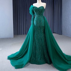 Sweetheart Emerald Green Prom Dress Women One Shoulder Floral Two In One Formal Evening Party Gowns