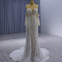 Sweetheart Neck Wedding Dress Long Sleeve Bridal Gowns For Women Pearl Sweep Train Vestido 2024