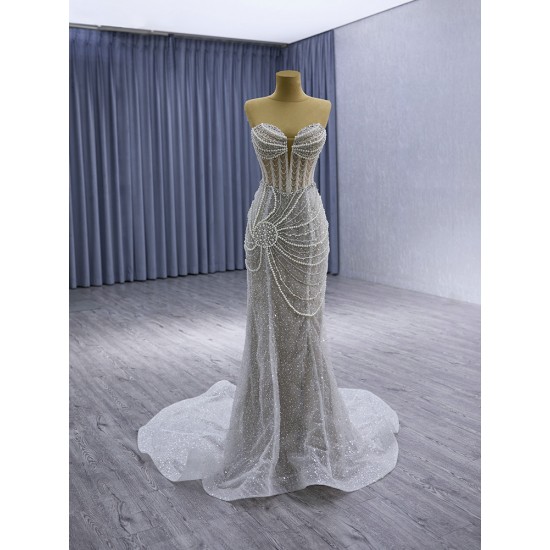 Sweetheart Neck Wedding Dress Long Sleeve Bridal Gowns For Women Pearl Sweep Train Vestido 2024