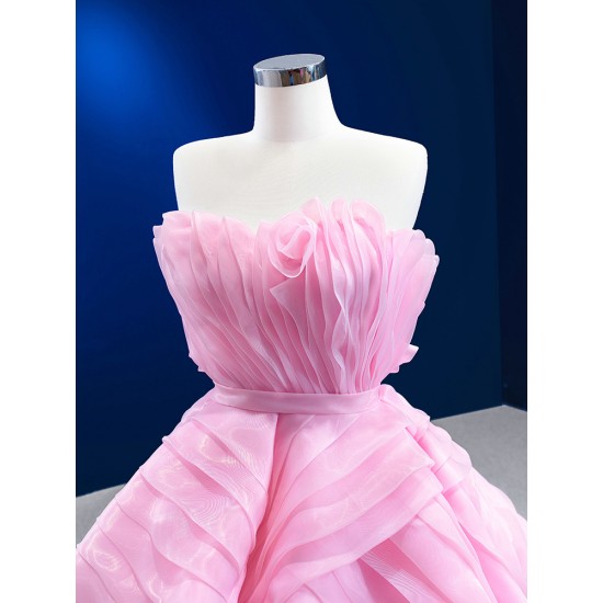 Tiered A Line Pink Formal Prom Dresses Strapless Floor Length Special Occasion Gown Women Bridesmaid Party Gowns